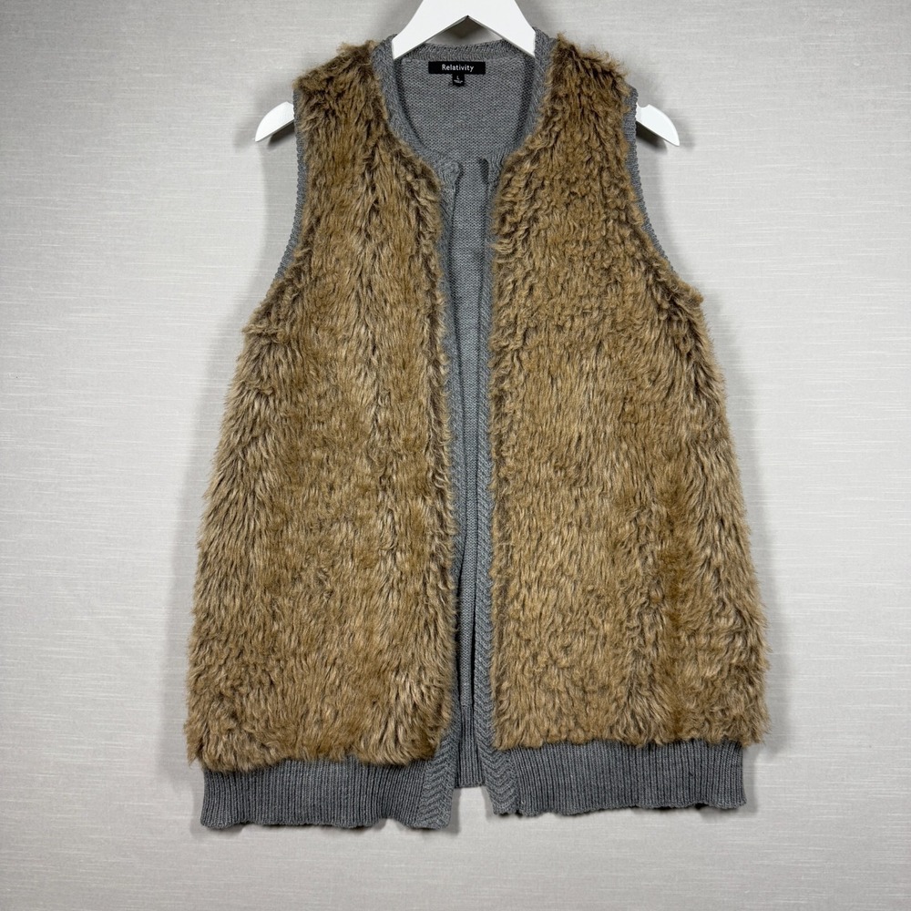 Relativity Vest Womens Large Gray Faux Fur Brown Knit Casual Chic Cardigan Cozy